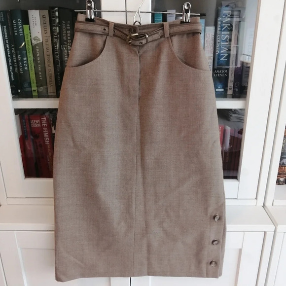 Vintage Newport Pure Virgin Wool Camel Tan Midi Skirt with Belt and Pockets XS - Picture 4 of 16